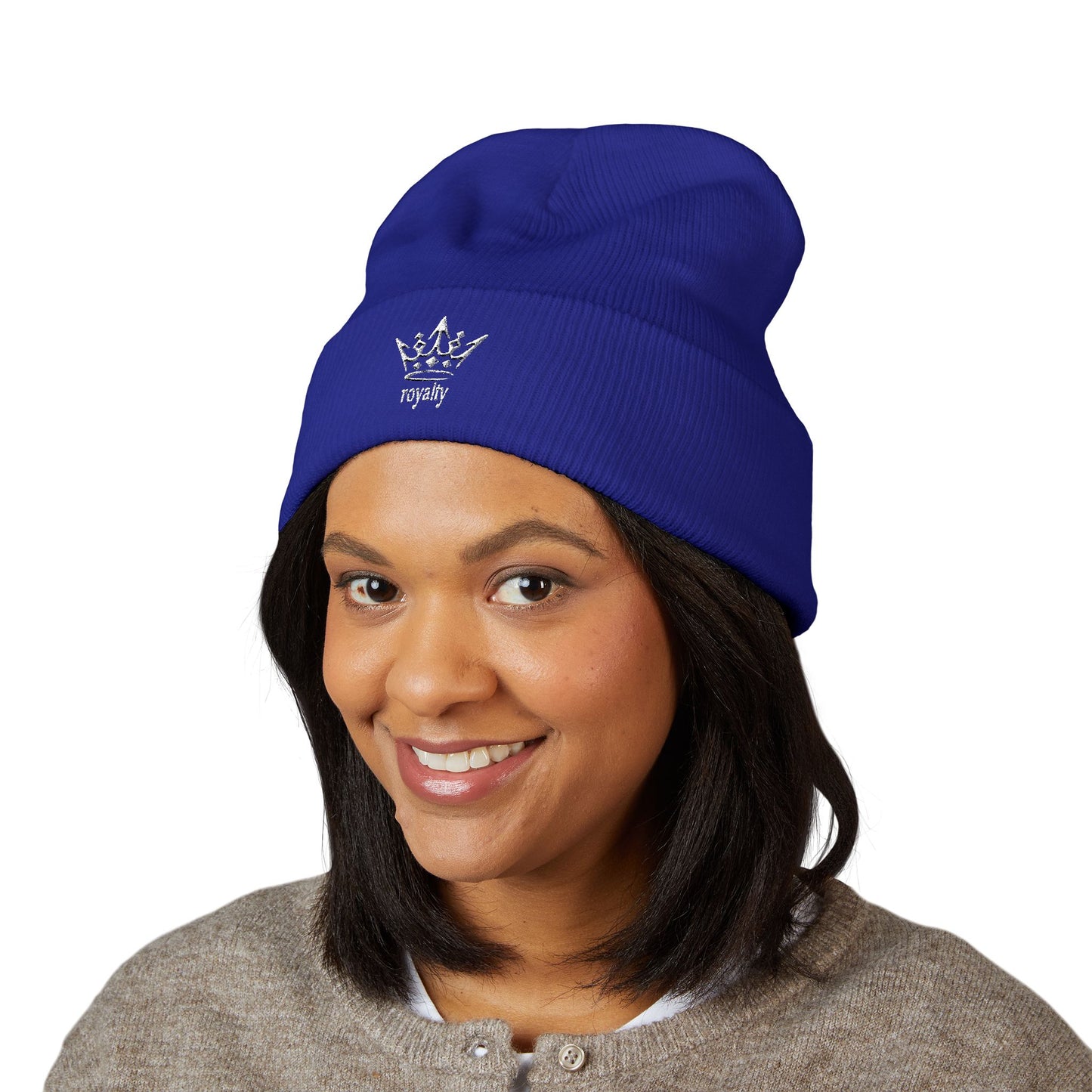 Embroidered Crown Cuffed Beanie — Classic Knit Winter Hat