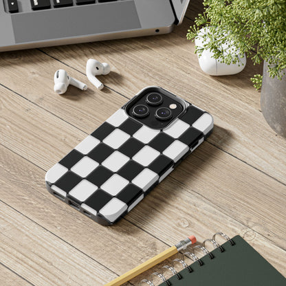 Checkerboard Tough Phone Case — Black & White Retro Protective Cover