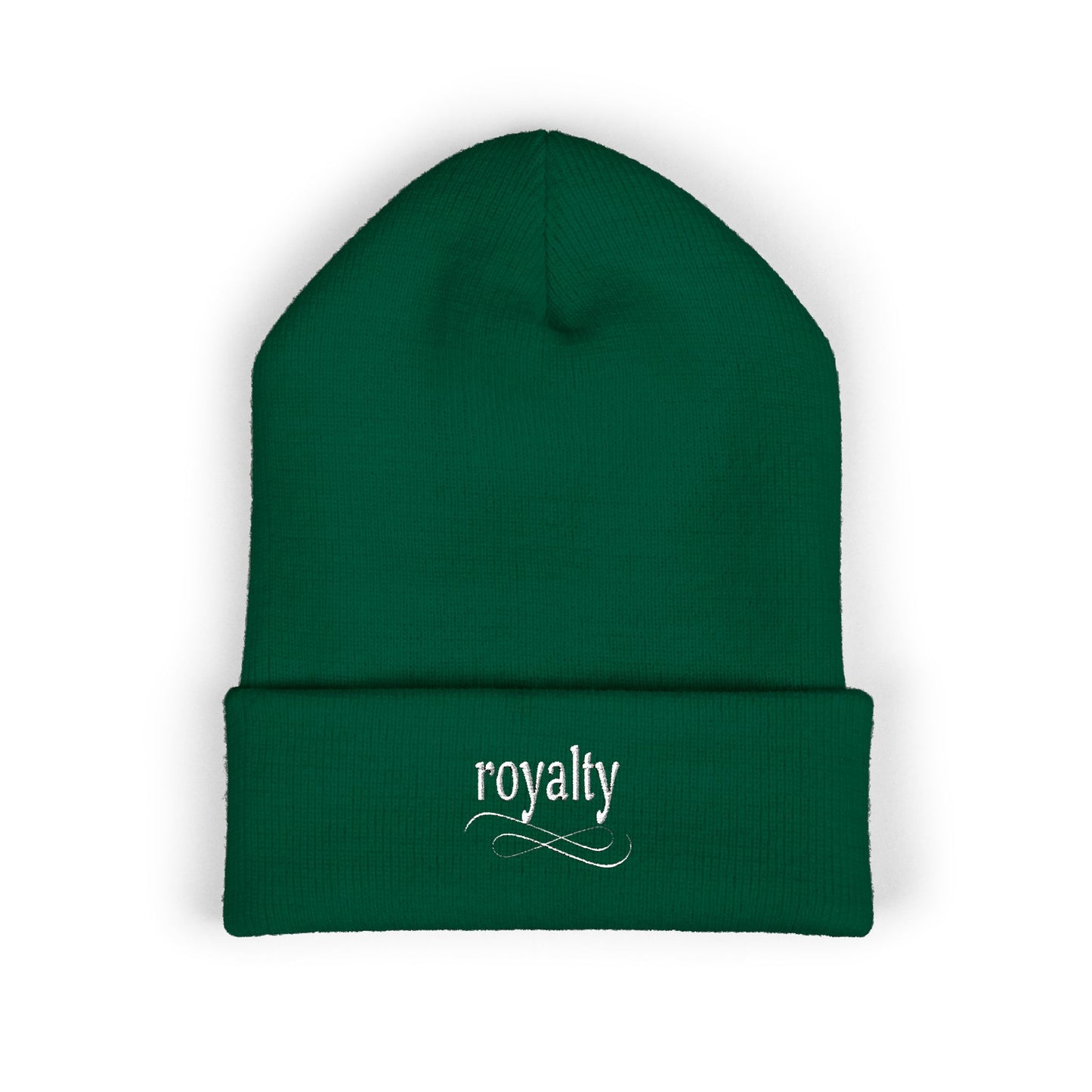 White Royalty Script Embroidered Cuffed Beanie — Cozy Knit Winter Hat