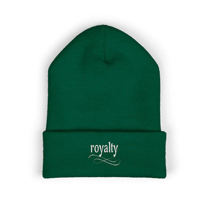 White Royalty Script Embroidered Cuffed Beanie — Cozy Knit Winter Hat
