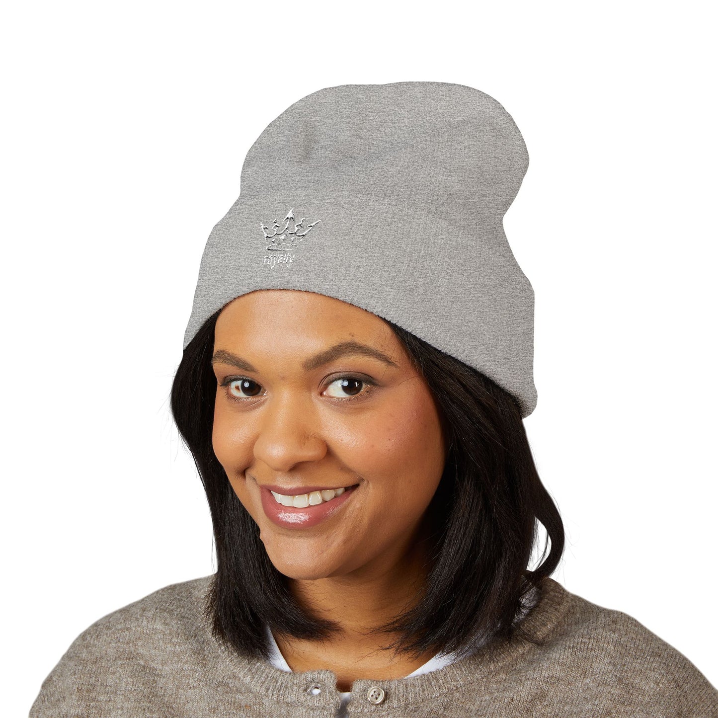 Embroidered Crown Cuffed Beanie — Classic Knit Winter Hat