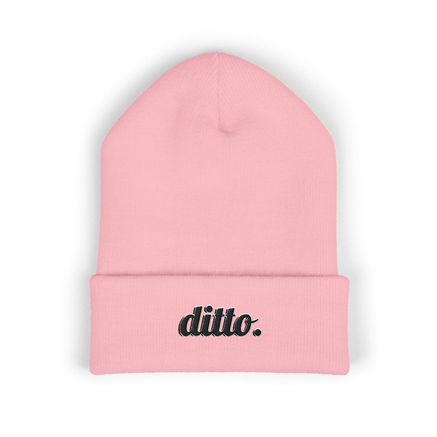 Embroidered "ditto." Classic Cuffed Beanie — Olive Knit Winter Hat