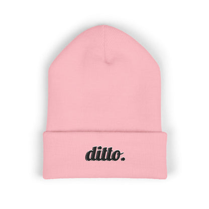 Embroidered "ditto." Classic Cuffed Beanie — Olive Knit Winter Hat