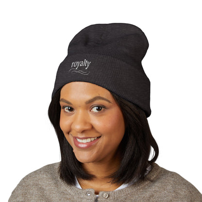 White Royalty Script Embroidered Cuffed Beanie — Cozy Knit Winter Hat