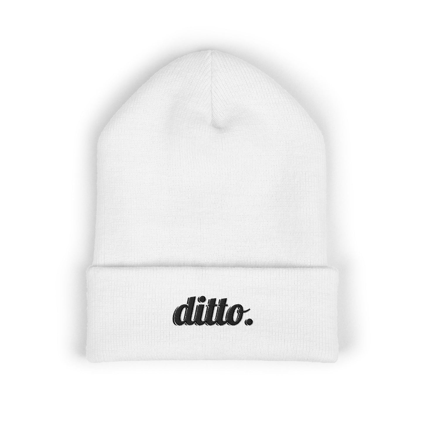 Embroidered "ditto." Classic Cuffed Beanie — Olive Knit Winter Hat