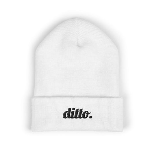 Embroidered "ditto." Classic Cuffed Beanie — Olive Knit Winter Hat