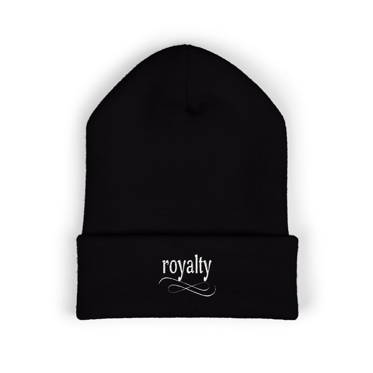 White Royalty Script Embroidered Cuffed Beanie — Cozy Knit Winter Hat
