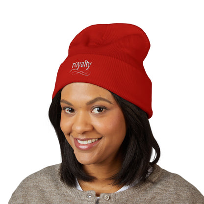 White Royalty Script Embroidered Cuffed Beanie — Cozy Knit Winter Hat