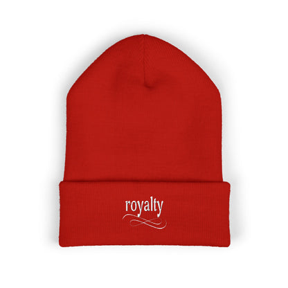 White Royalty Script Embroidered Cuffed Beanie — Cozy Knit Winter Hat
