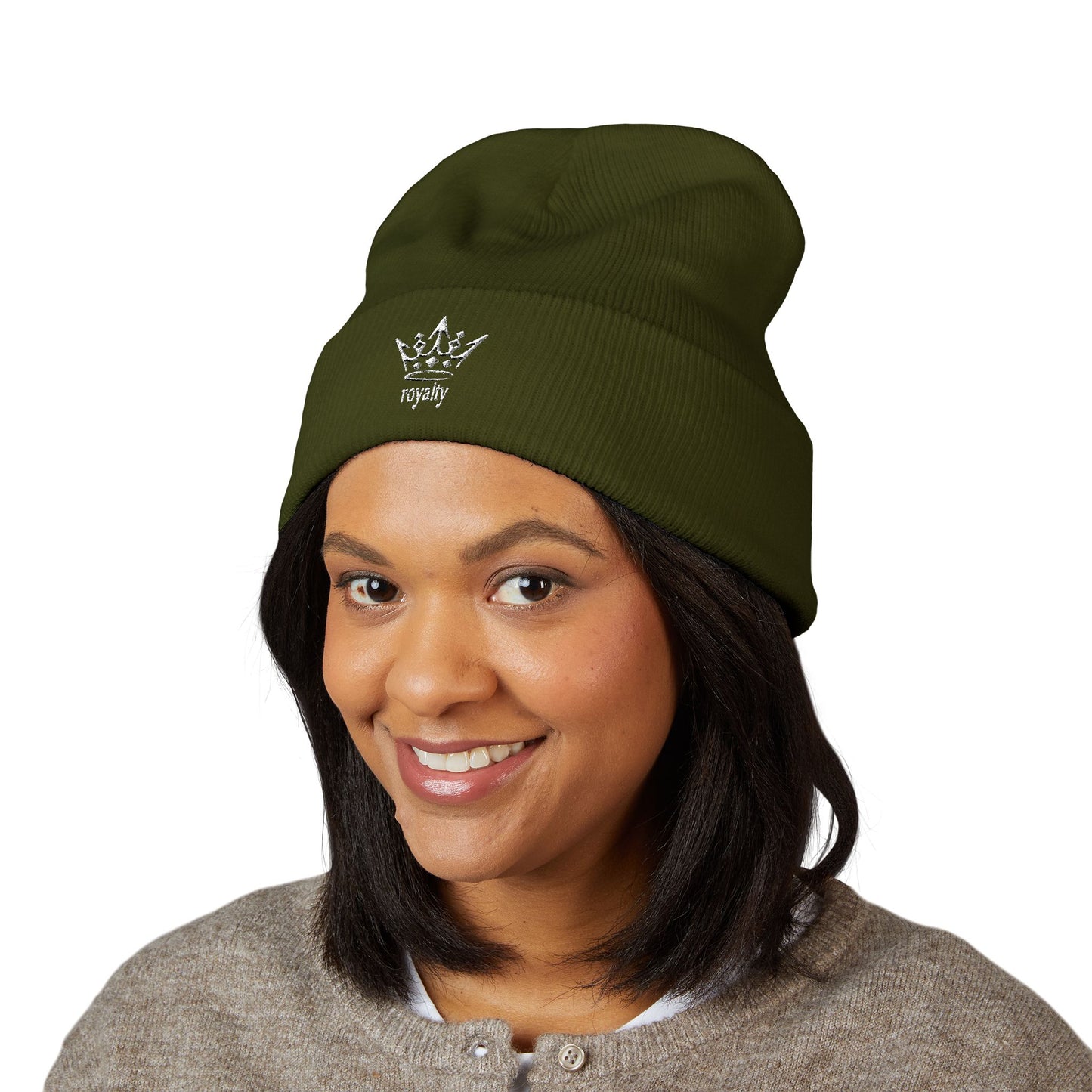Embroidered Crown Cuffed Beanie — Classic Knit Winter Hat