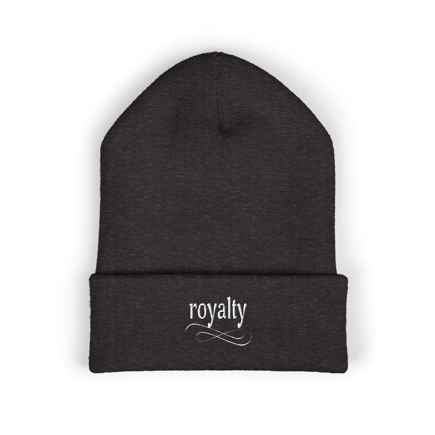 White Royalty Script Embroidered Cuffed Beanie — Cozy Knit Winter Hat