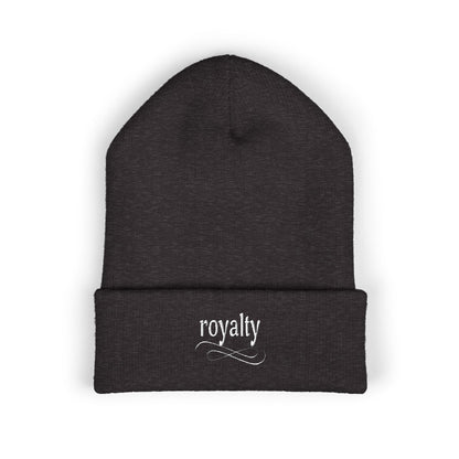 White Royalty Script Embroidered Cuffed Beanie — Cozy Knit Winter Hat