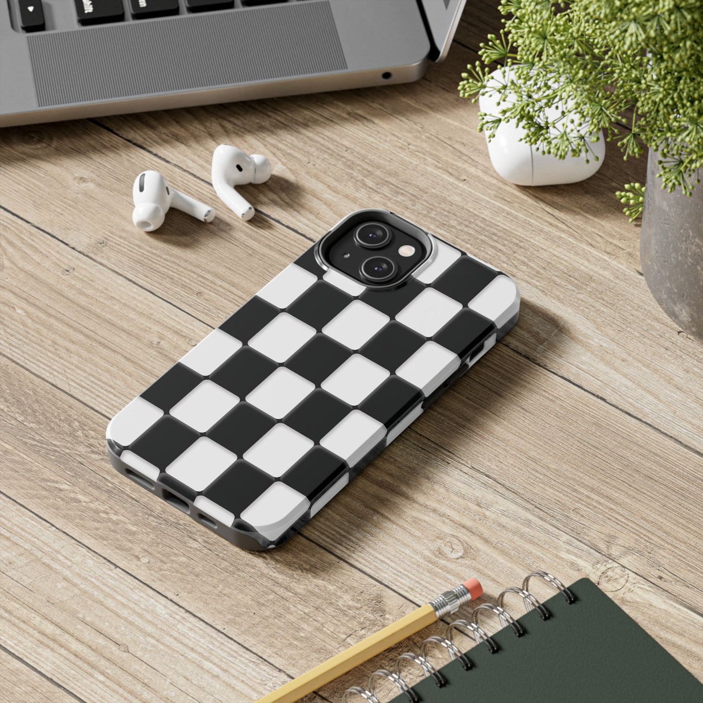 Checkerboard Tough Phone Case — Black & White Retro Protective Cover