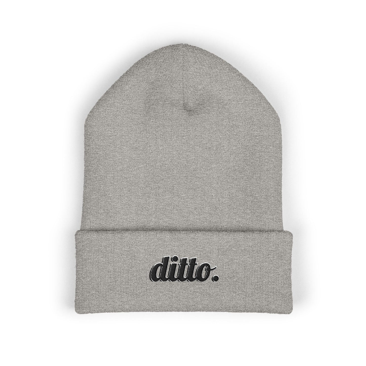 Embroidered "ditto." Classic Cuffed Beanie — Olive Knit Winter Hat