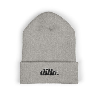 Embroidered "ditto." Classic Cuffed Beanie — Olive Knit Winter Hat