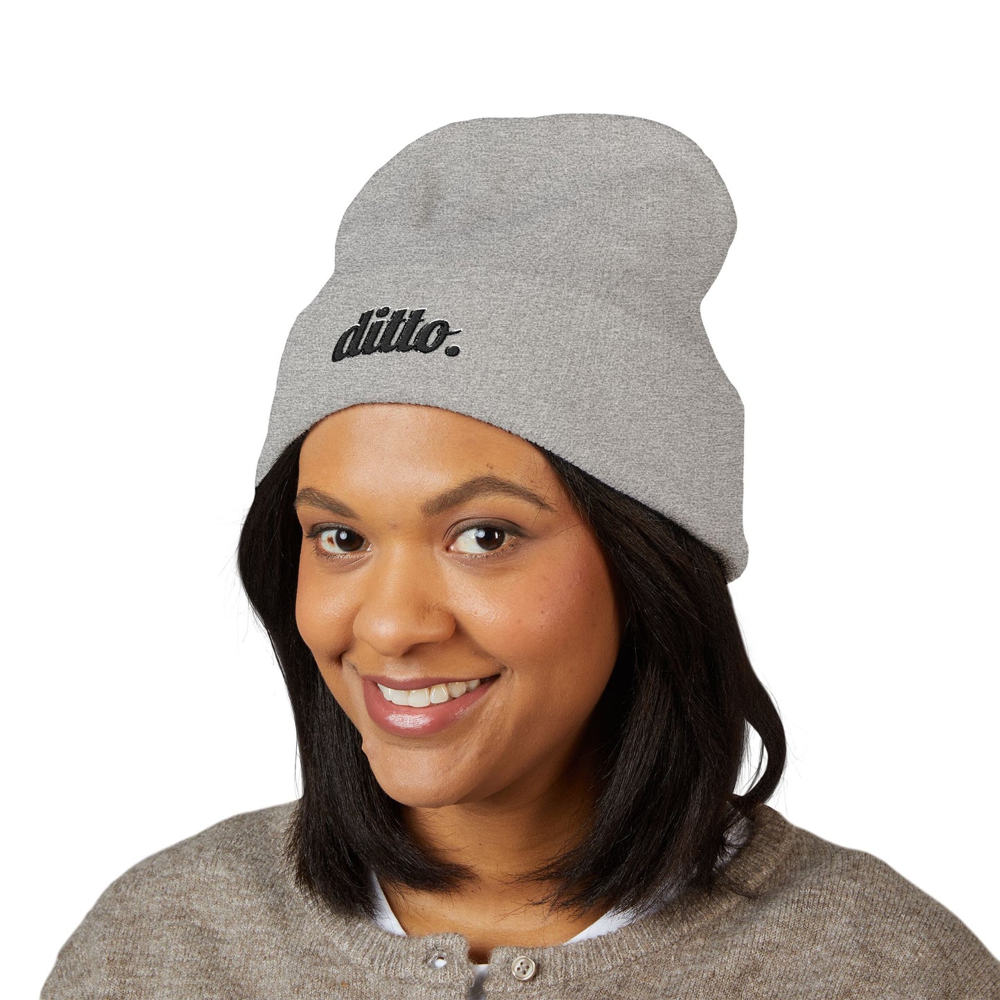 Embroidered "ditto." Classic Cuffed Beanie — Olive Knit Winter Hat