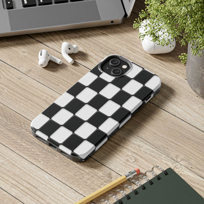 Checkerboard Tough Phone Case — Black & White Retro Protective Cover