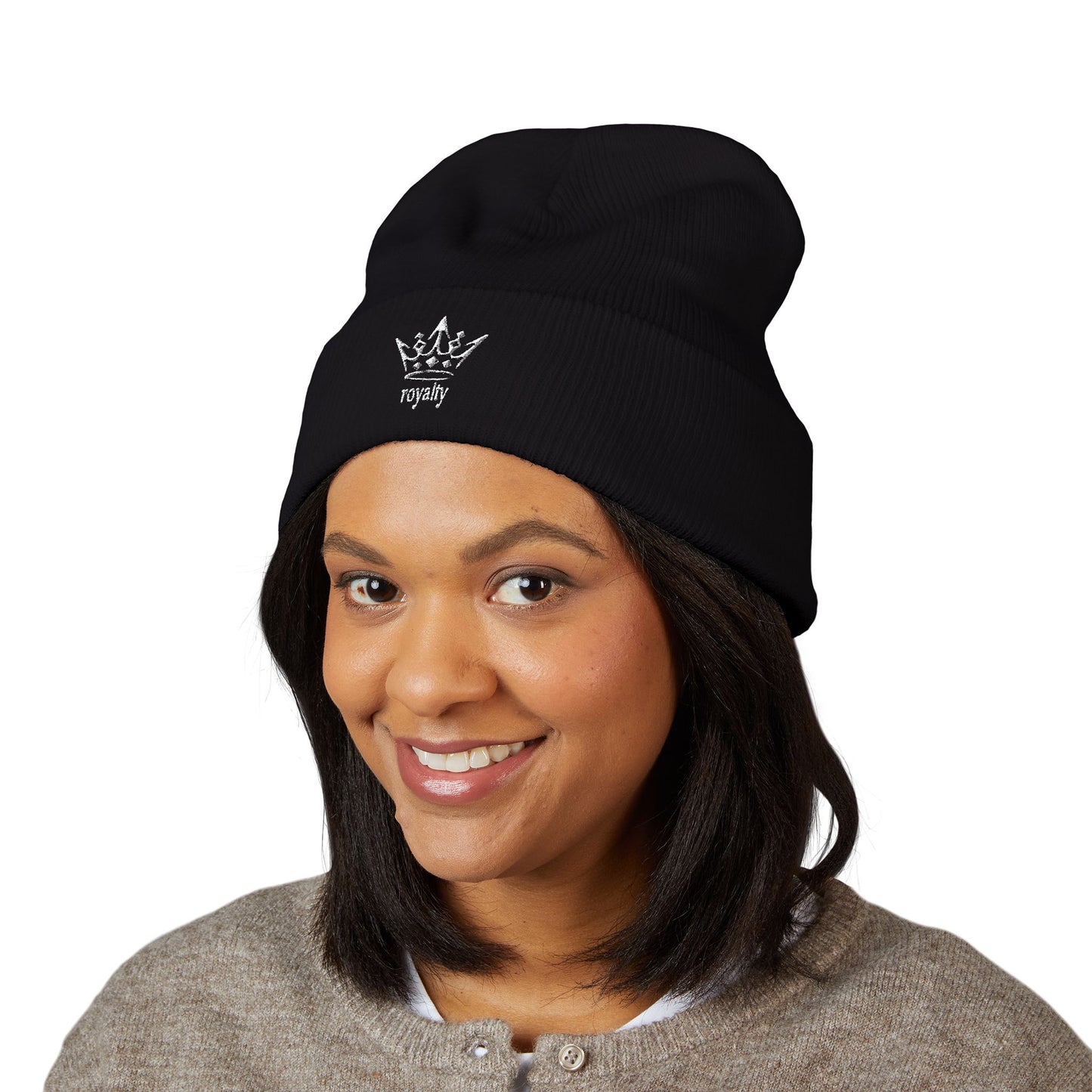 Embroidered Crown Cuffed Beanie — Classic Knit Winter Hat